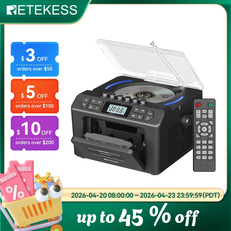

RETEKESS TR642 Multifunctional Bluetooth Radio CD Boombox Cassette USB TF AUX Remote Control Portable CD Player For Home Gifts