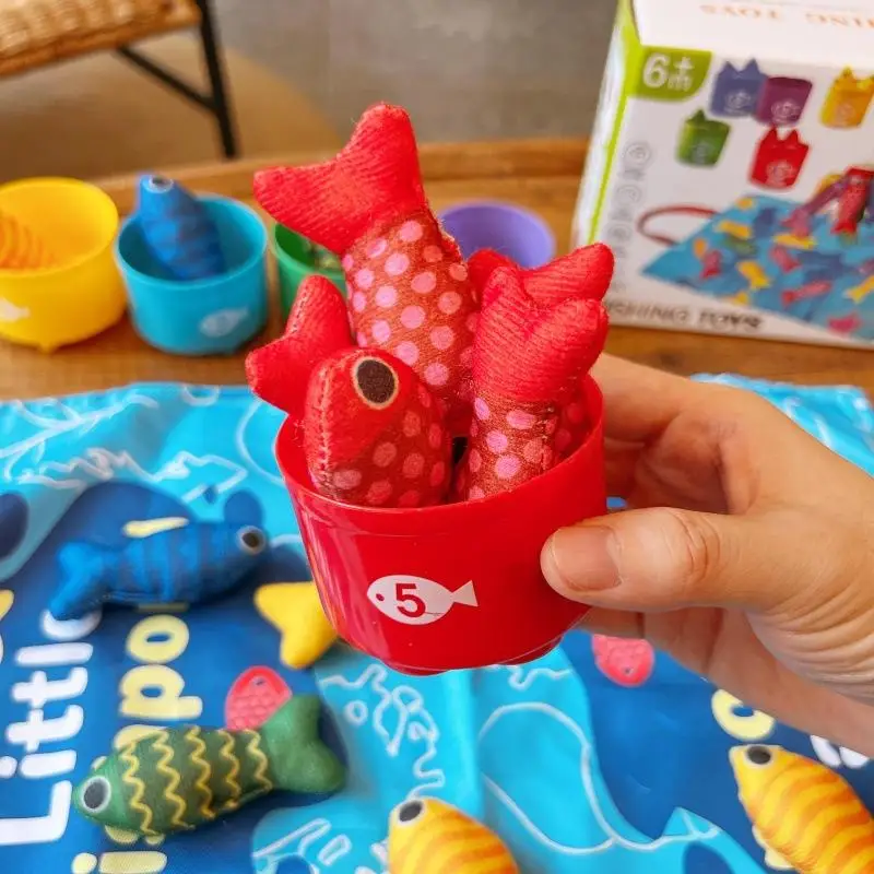 Montessori Math Toys for Toddlers Number Counting Cloth Fishing Game with Stacking Cups Color Sorting Early Education Toy Set