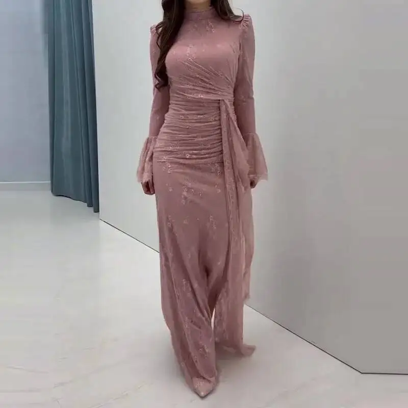 

Сексуальное кружевное платье с вышивкой, однотонное вечернее модное тонкое платье с высокой талией, женское элегантное длинное платье с воротником и рукавами