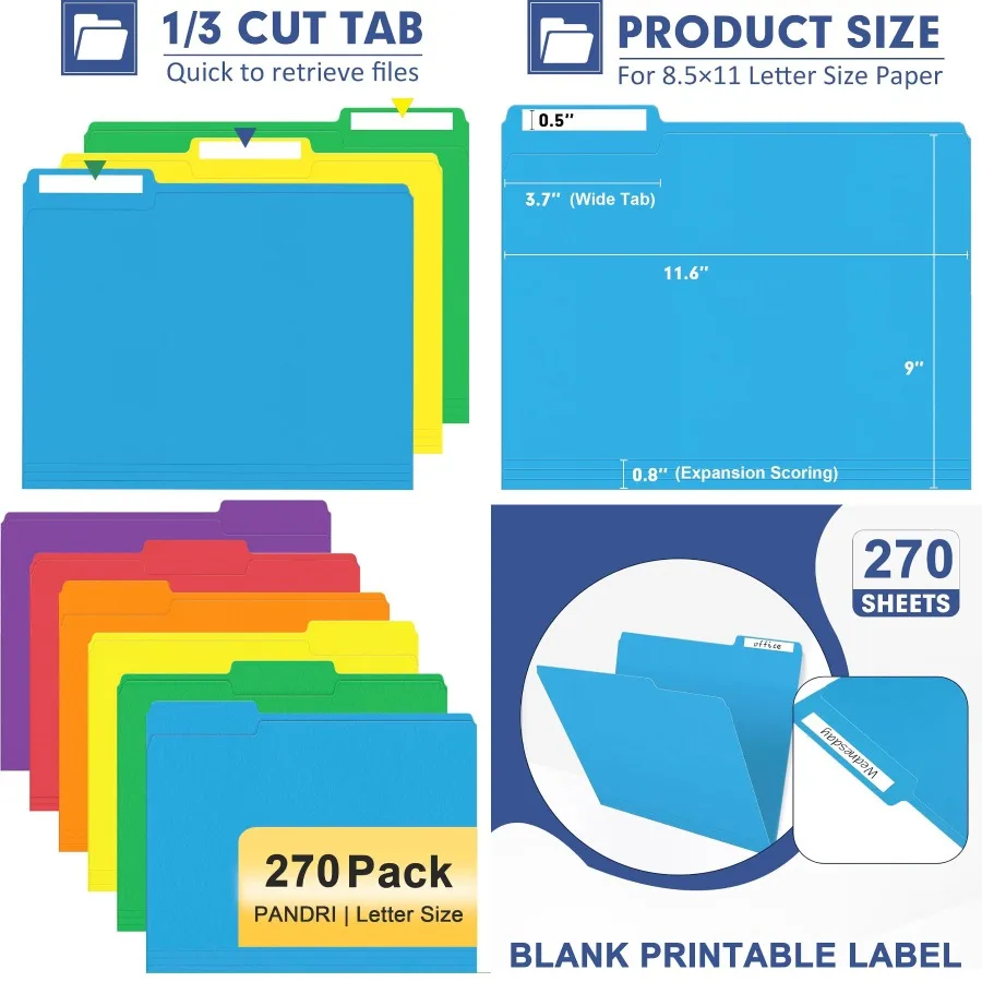 مجلد ملفات PANDRI 270 حزمة مجلد ملفات ملون 1/3 علامات تبويب مقطوعة حجم الرسالة متنوعة 6 ألوان مجلد حفظ الملفات لمكتب المدرسة Busi