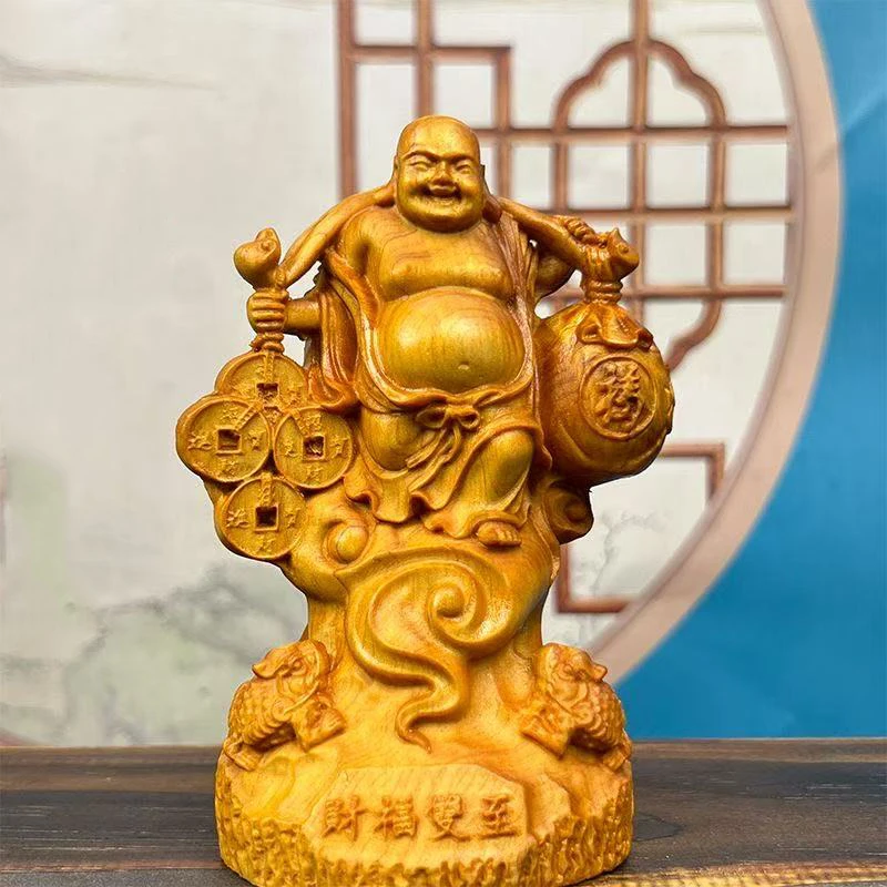 Wood Carving Yuanbao Maitreya Buddha Characters Figurines Hand Carved Solid Wood  Home Room, Office Fortune Decoration Crafts
