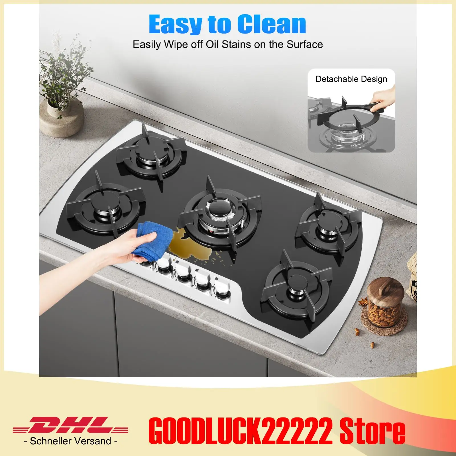 Cuisinière à gaz GPL/NG de cuisine, 5 brûleurs, dessus en verre trempé intégré, dispositif d'allumage de batterie pour maisons ou restaurants