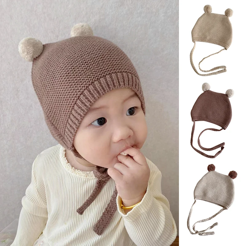 Cute Mini Pompom Baby Hat Autumn Winter Warm Infant Knitted Cap Solid Color Cartoon Lace-up Kids Boy Girl Beanie Caps