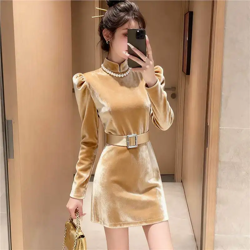 

2026 Spring Fall Women Stand Collar Igh Waisted Puff Sleeve Elegant Yellow Velvet Dress , Woman Above Knee Length Velour Dresses