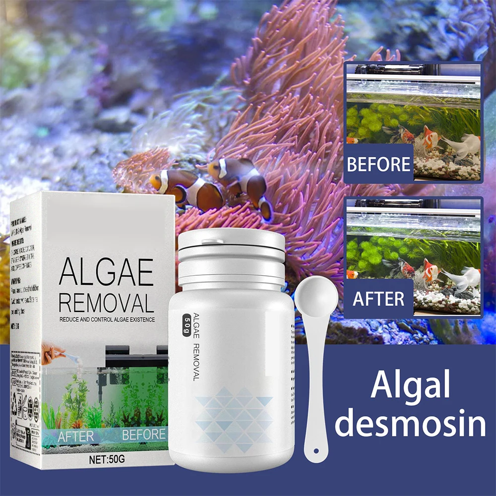 Removedor de musgo para acuario, purificación de agua para pecera, eliminación de algas, polvo de limpieza y tableta, herramientas limpiadoras para pecera con cuchara, 50g