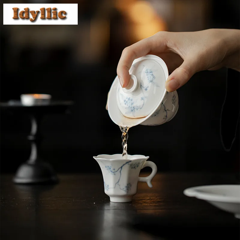 120ml Hand-painted Blue And White Osmanthus Gaiwan Aesthetic Tea Tureen Tea Bowl With Lid Kit Tea Brewing Cover Bowl Teaware