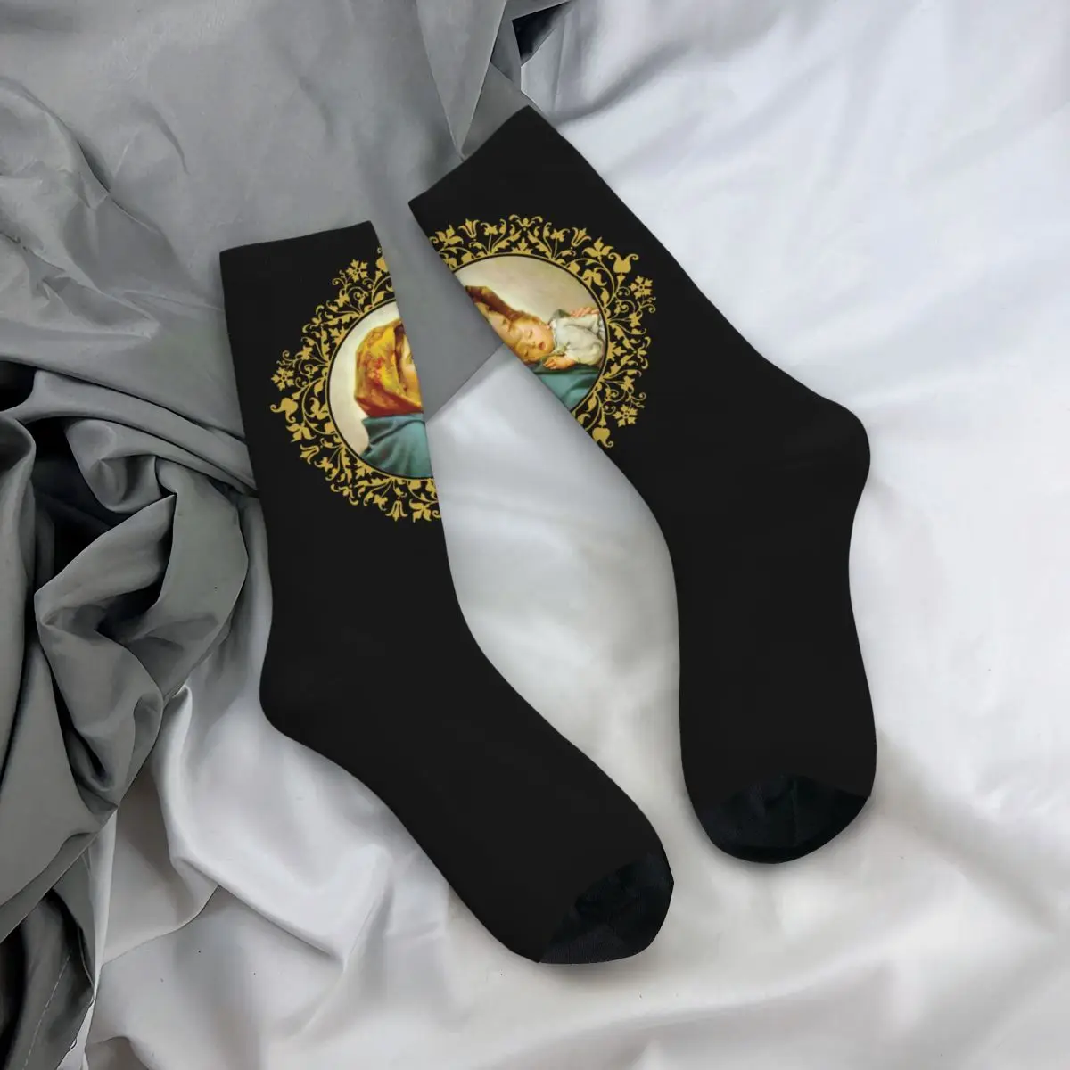 

Funny Virgin Mary With Jesus Child Basketball Socks Catholic Polyester Long Socks for Women Men