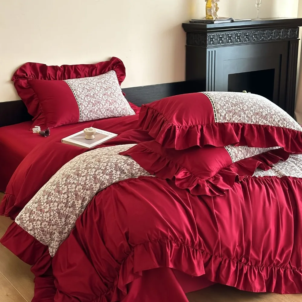 High-count French Lace Four-piece Set Skin-friendly Cotton Jacquard Quilt Cover Red Wedding Bedspread Quilt Cover Bedding Set