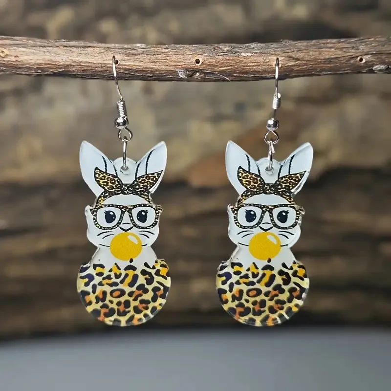 Easter Bunny Chick Spring Leopard Pattern Acrylic 2D Flat Earrings Cute Eggshell Flower Retro Bunny Earrings