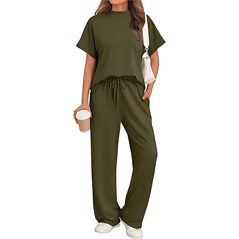 

R-Reliable-Women's Two-Piece Casual Suit Travel Sportswear Short-Sleeved Wide-Leg Casual Sports Suit