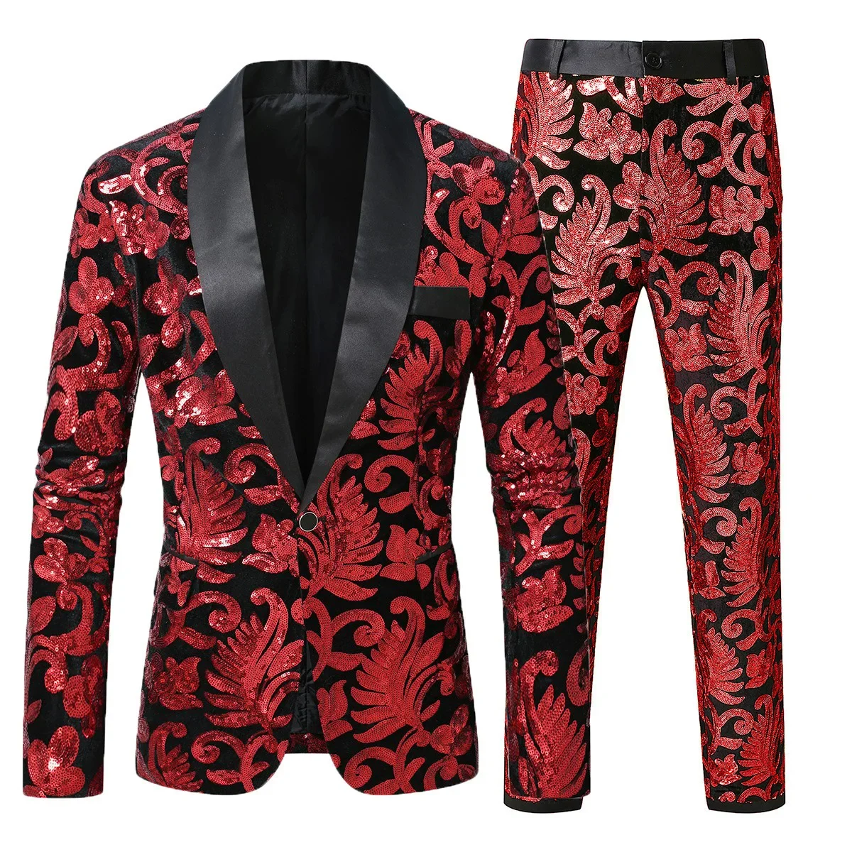 men's stage performance, host sequin styled suit set, fine top + pants. Red, blue, purple can choose