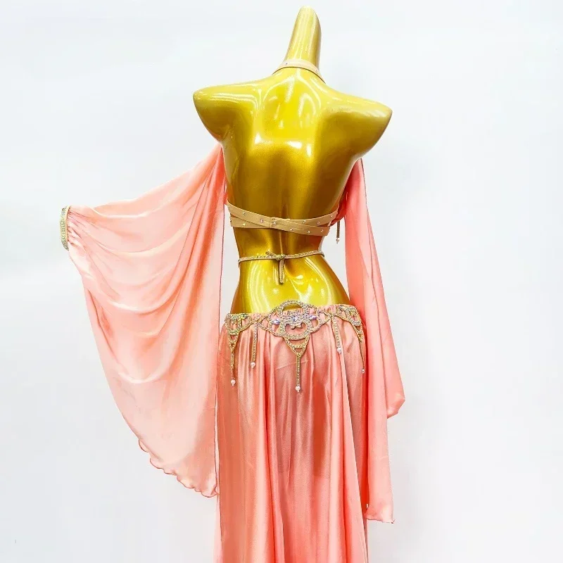 Women's Satin 2Piece Belly Dance Performance Costume with Split Style Long Skirt And Bra Set for Adult Oriental Dancewear