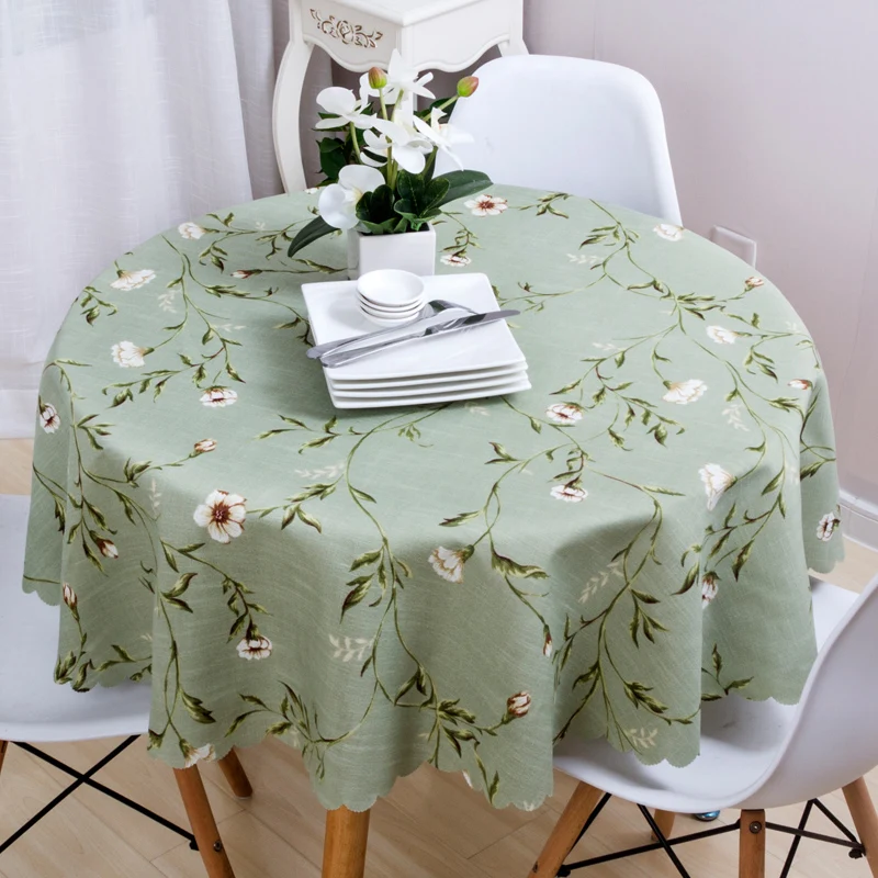 Cotton Small Flower Print Garden Tablecloth, European Round Table Cloth, American Country, Green Wavy Lace, Party Decoration