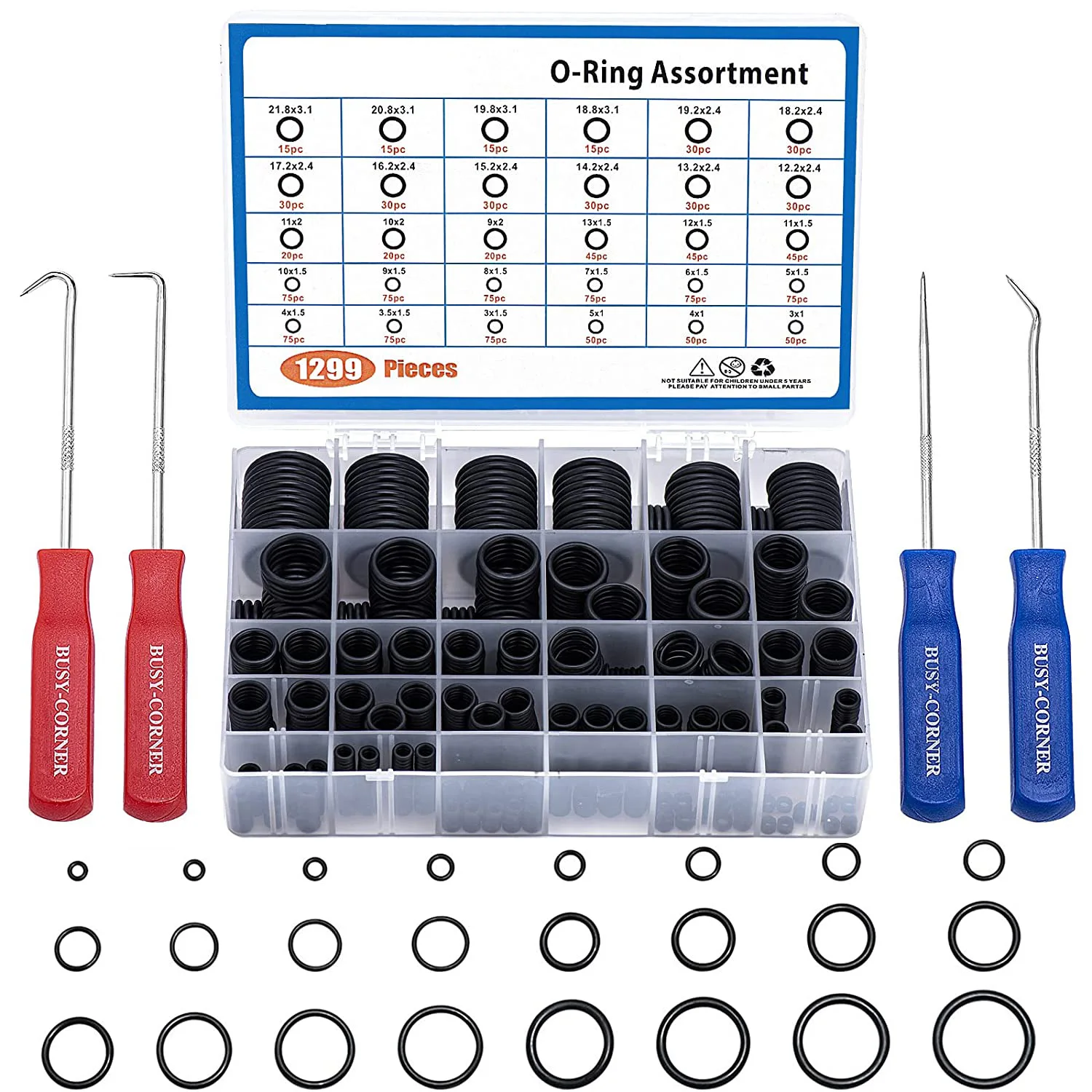 1299 PCS O-Ring Kit with 4 PCS O Ring Pick & Installation Remover Tools 30 Metric Sizes Nitrile Rubber Orings Kit