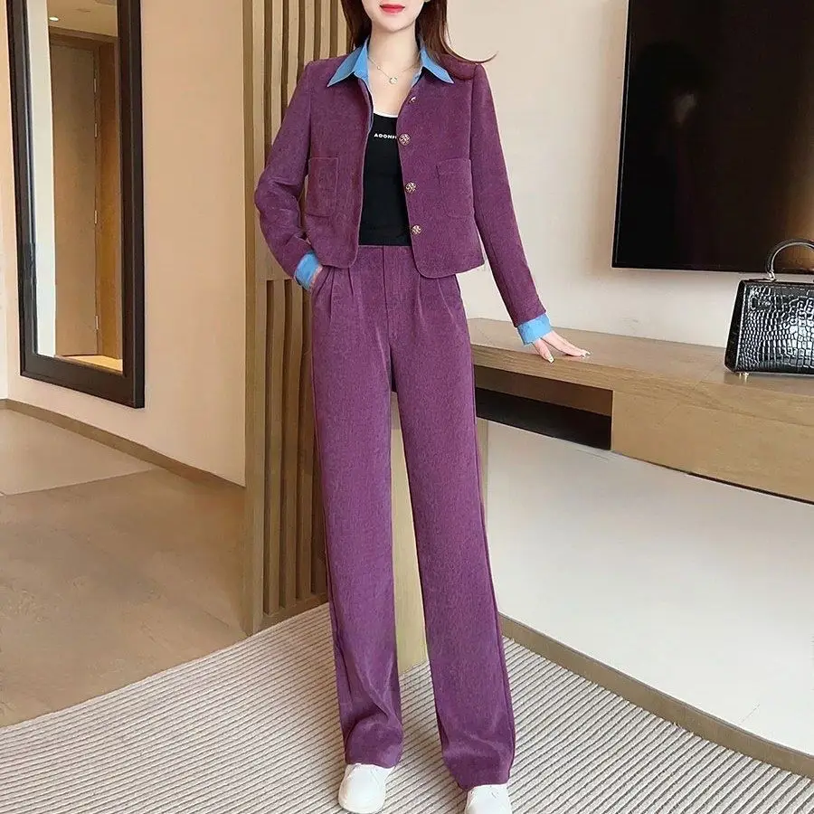 Women's suit set 2024 spring and autumn new fake two-piece polo collar top+loose wide leg pants two-piece set