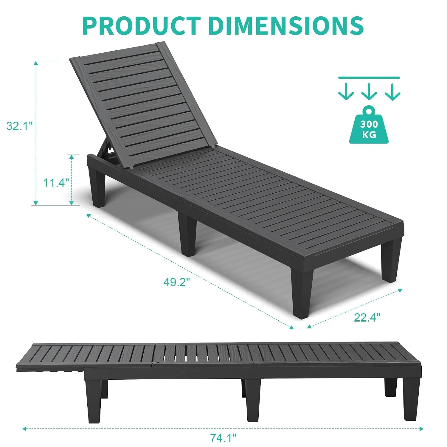 5-Position Adjustable Chaise Lounge Chair Set, HDPE Resin All-Weather Patio Garden Poolside Recliner, Black 6pcs, Customized
