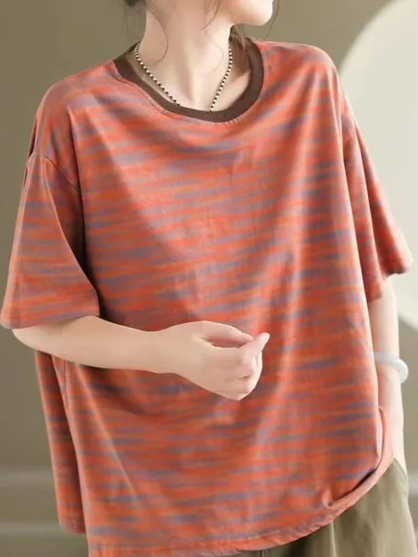 الرجعية مخطط القطن ort Sve تي شيرت المرأة عادية فضفاض صالح التخسيس الفني الأعلى الكورية Sle جولة Ne المحملة #1