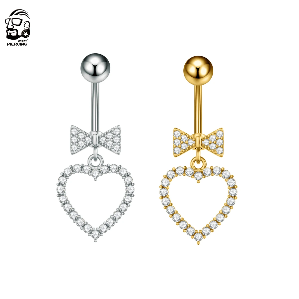 Butterfly-Knot Heart Curved Belly Button Ring for Women Stainless Steel 1.6*10mm Length Sexy Body Belly Piercings Navel Piercing