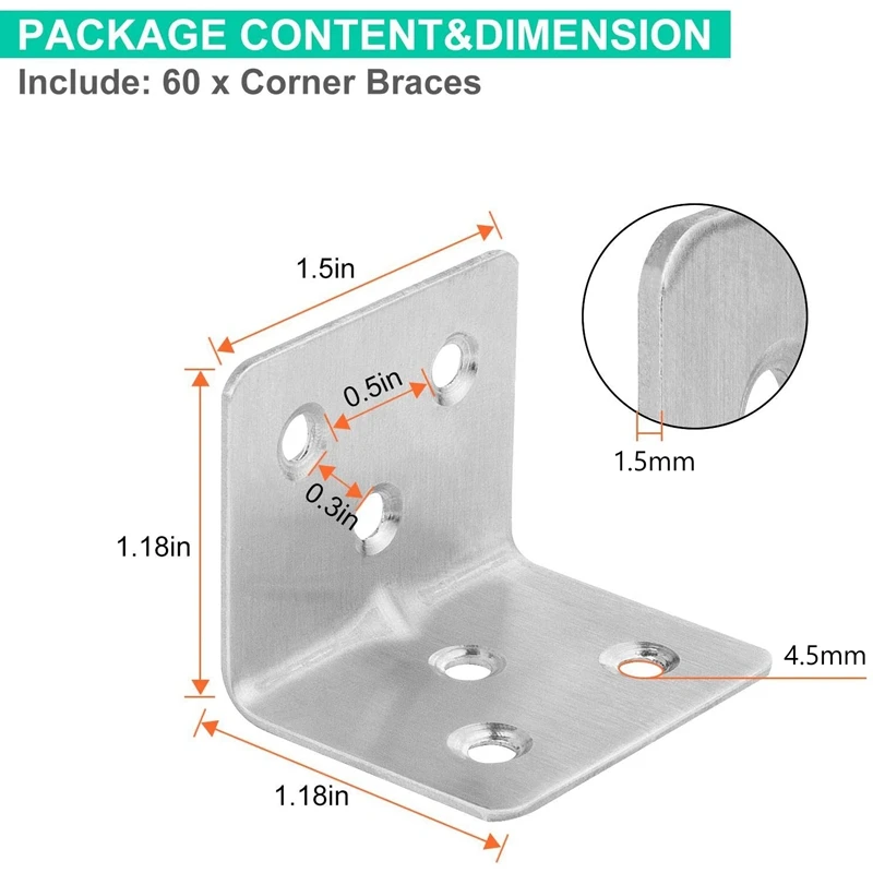 64Pcs Corner Brackets, 90 Degree Internal Angle Brackets, L-Shaped Bracket Connection Fasteners, For Wooden Furniture