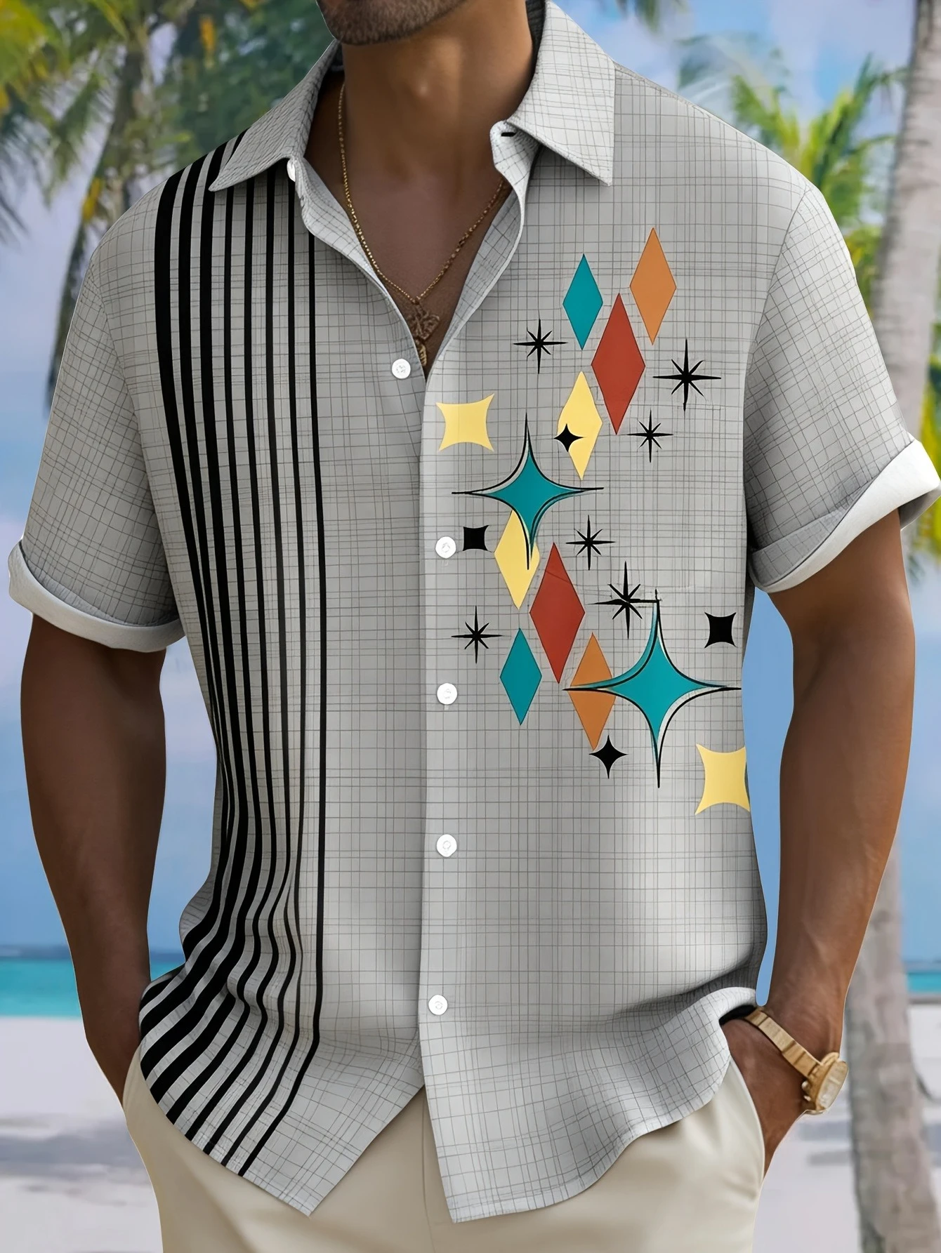 

Summer Retro Striped Geometric Print Men's Oversized Loose Quick Drying Shirt Casual Outdoor Sports T-shirt Shirt