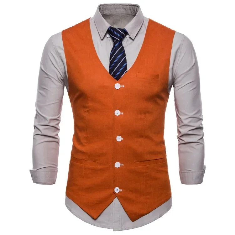 

British Style Men Orange Vest Candy Colors Casual Slim V-neck Sleeveless Blazer Cute Waistcoat Plus Size 3xl 4xl Men Suit Vest