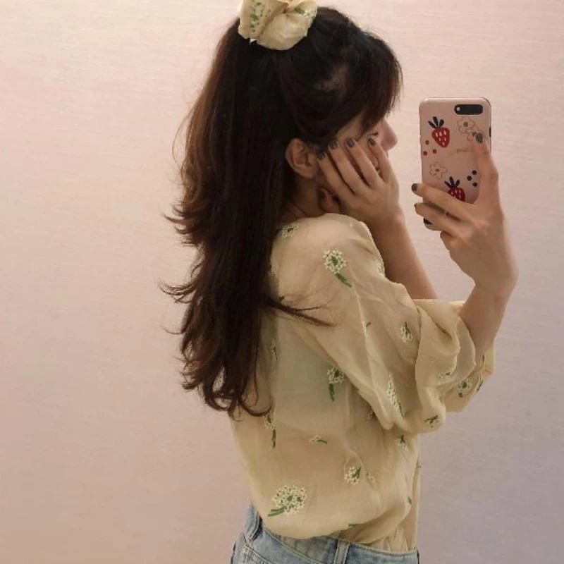 Shirts Women Embroidery Flowers Vintage Simple Korean Style Temper Spring All-match Daily Trendy Leisure Ladies Sweet Basics New