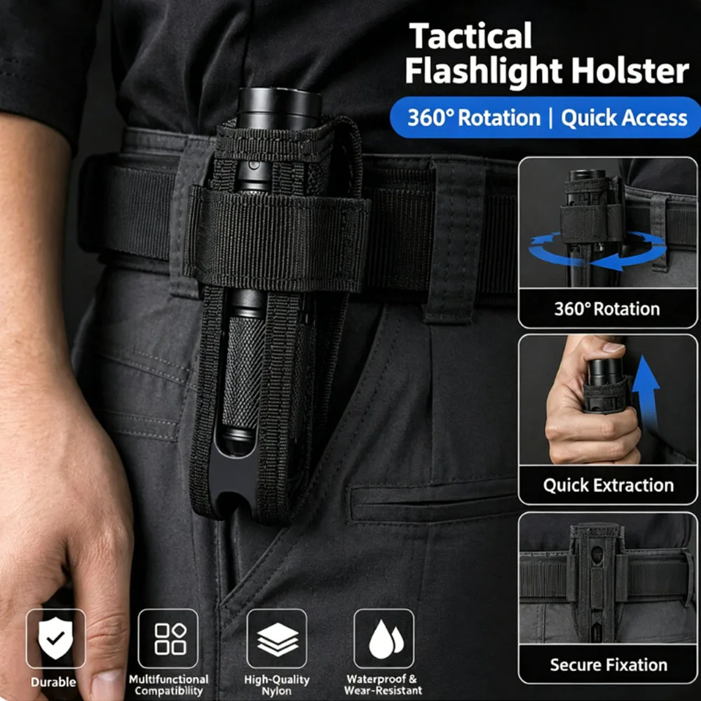 

Tactical 360 Degree Flashlight Holster Flashlight Holder Belt Pouch for Outdoor EDC Tool Hunting Telescopic Baton Defense Gear