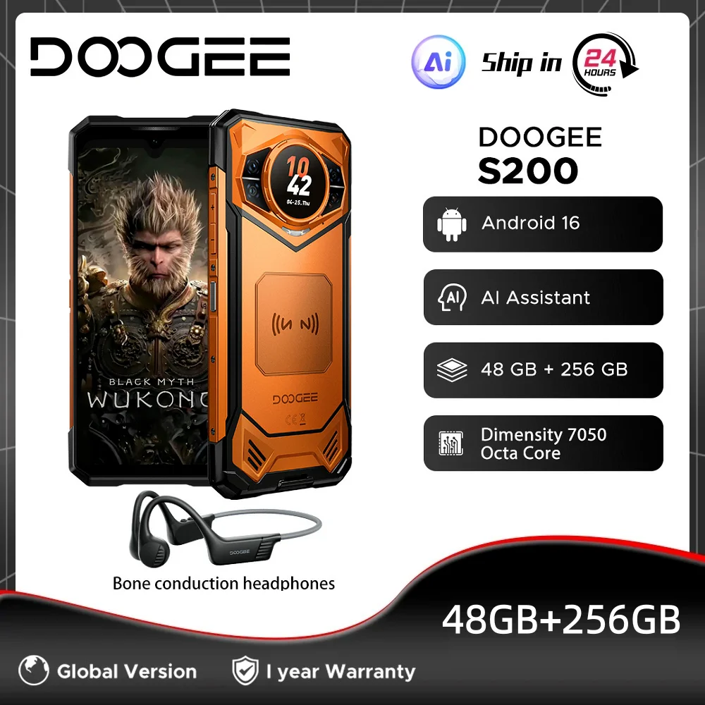 Global Version DOOGEE S200 Rugged Phone 48GB 256GB 6.72'' 120Hz 1.32'' Rear Display Dimensity 7050 100MP Camera 10100mAh NFC