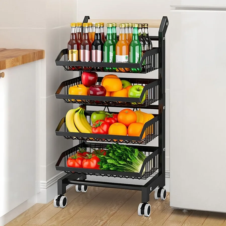 4-Tier Kitchen Snack Cart with Wheels Versatile Rolling Storage Cart for Pantry Utility Rooms Adjustable Metal Wire