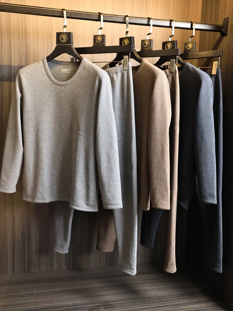 

Men's Knitted Thickened Fleece Lined Underwear Set Warmth Collecting Base Layer Autumn Winter Home Wear Long Sleeve round Neck