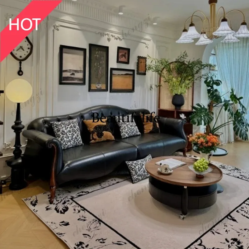 A49 Home Luxury modern sofa leather solid wood sofa retro straight living room sofas and seating 235cm 266cm 286cm couch furnit