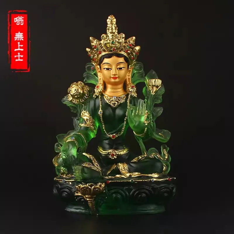 

Sacred Emerald Green Tara in Art Glass - Tibetan Buddhist Goddess of Swift Compassion, Gold-Gilded Imitation，Offering for Altar