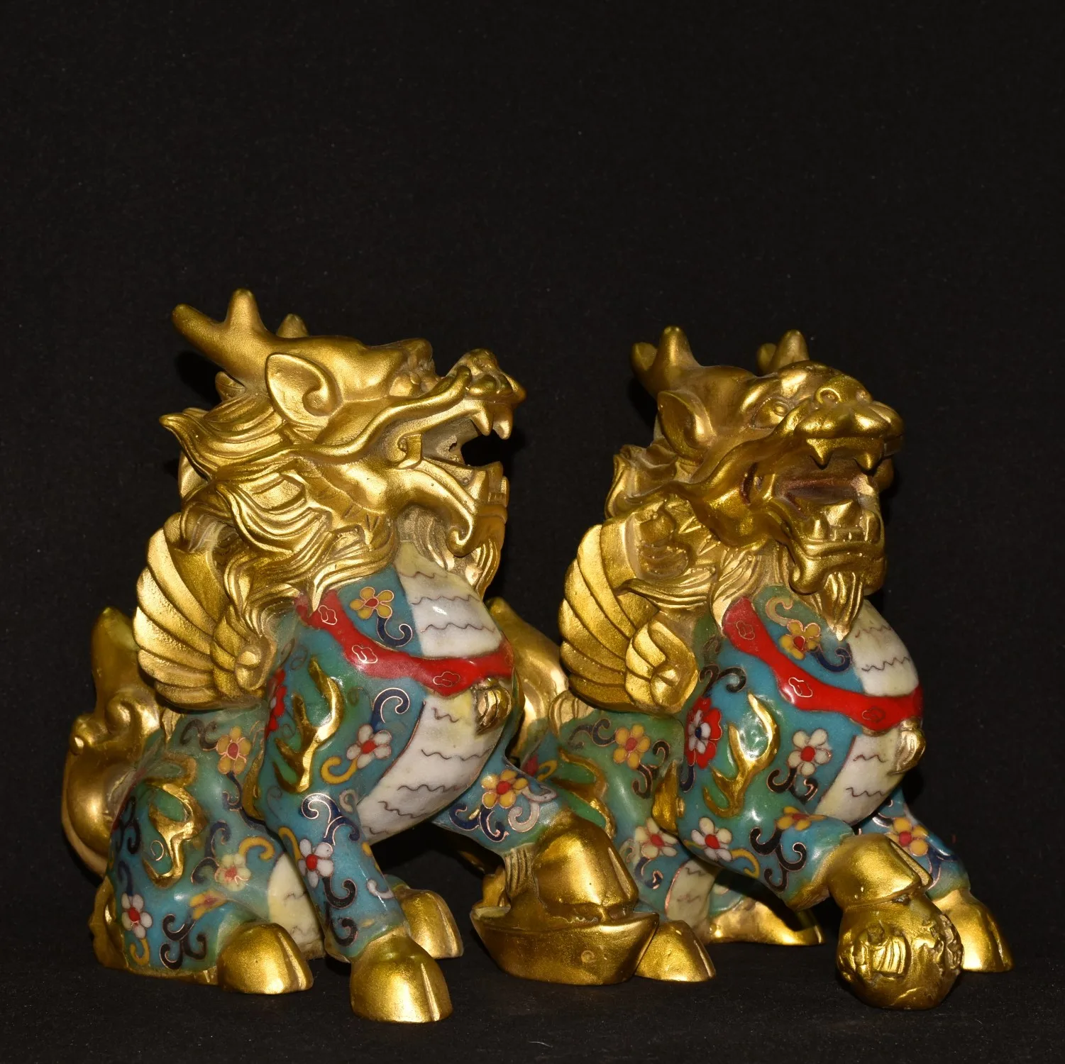 

8"Tibetan Temple Collection Old Bronze Cloisonne Enamel Unicorn Kirin A Pair Gather fortune Ornament Town house Exorcism