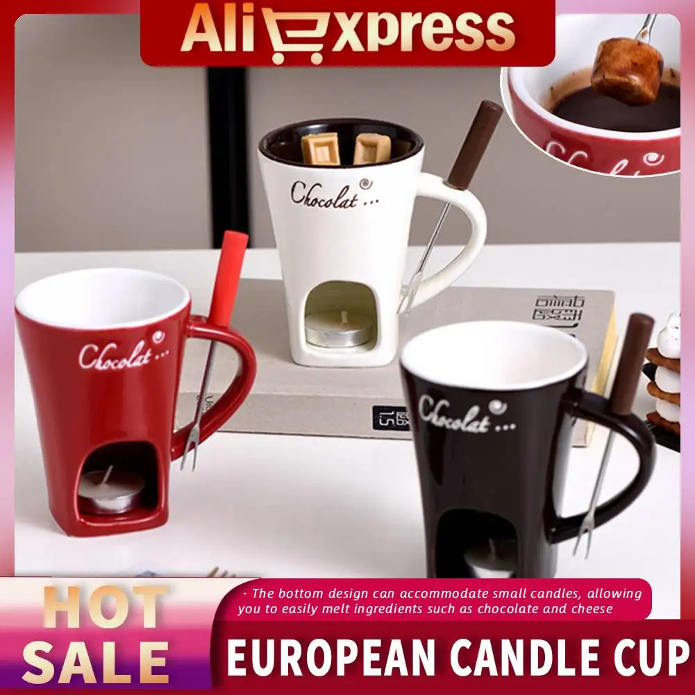 Taza de vela con tenedor, juego de tazas para Fondue de Chocolate, queso, Chocolate, caramelo, taza de cerámica para derretir, taza de Chocolate, regalo Ideal para el Día de San Valentín