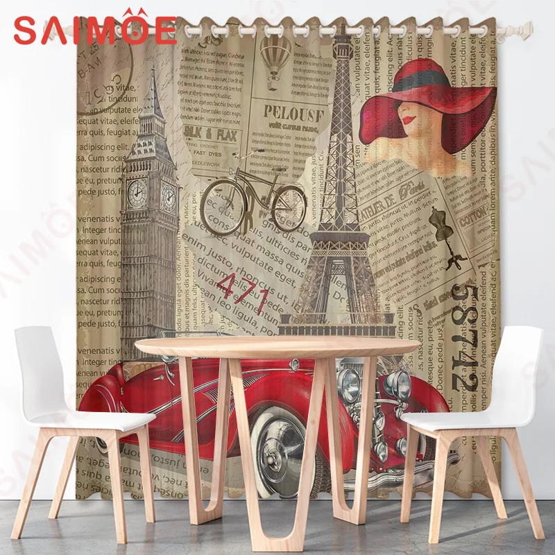 European American Vintage Car Paris Tower Curtain Butterfly Flower Phone Booth Animal Thin Polyester Fabric Decorative with Hook