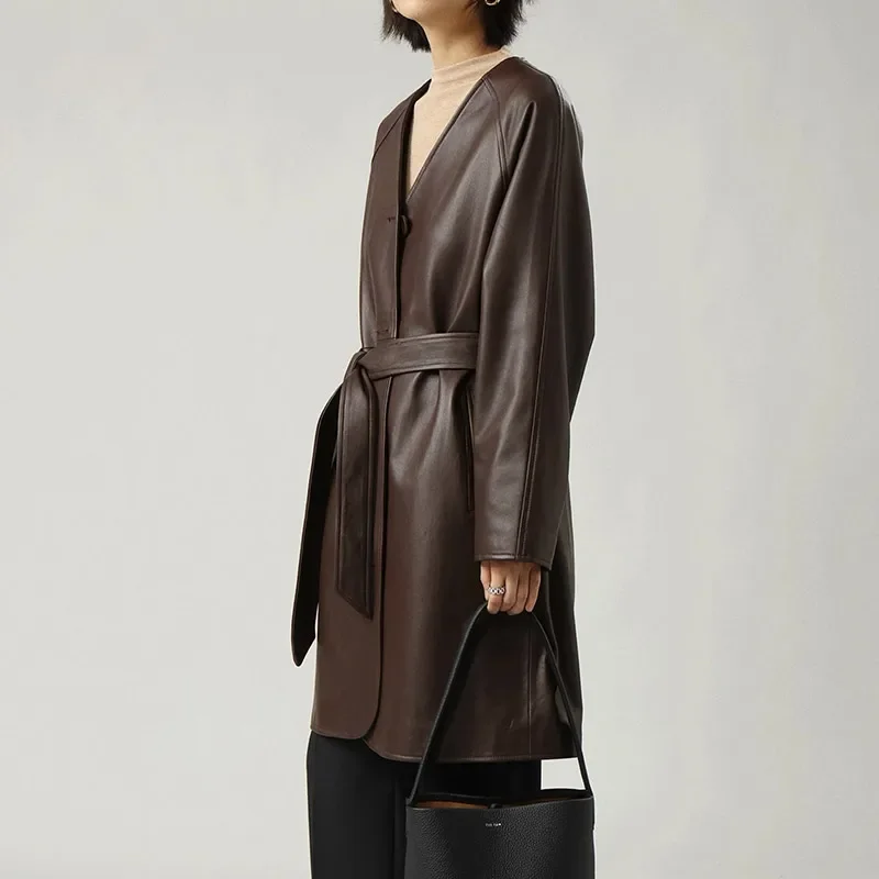 Modischer Trenchcoat aus Schaffellleder mit V-Ausschnitt für Damen, echtes Leder, Herbst und Winter, V-Ausschnitt, Raglanärmel, zum Binden