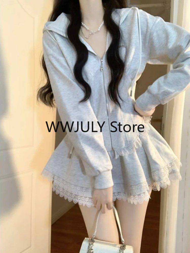 Korean Fashion Clothing Grey Lace 2 Piece Set Woman Casual Hooded Slim Coat + Slim Party Y2k Mini Skirt Elegant 2023 Autumn Chic