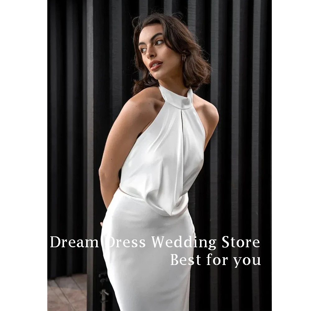 Vestidos de novia de sirena simples personalizados para mujer, vestido de novia de cola de barrido hasta el suelo con espalda descubierta y cuello alto, vestido elegante 2025