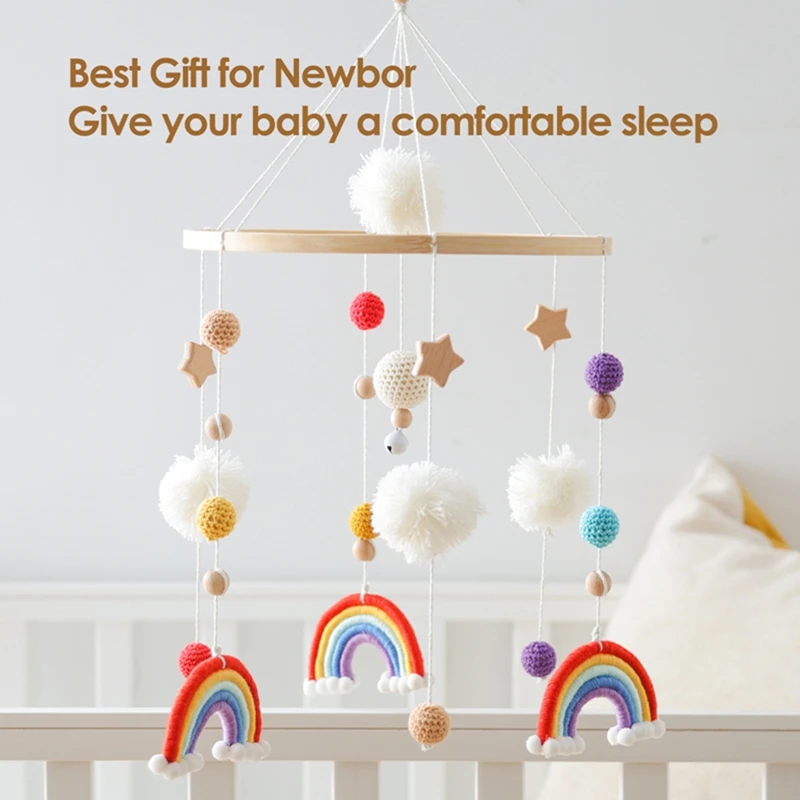 Cama de madeira do bebê Bell, Móvel Pendurado Brinquedo, Berço recém-nascido, Estrela do arco-íris Pingente, Suporte de cama, Presentes do miúdo, 0-12 meses