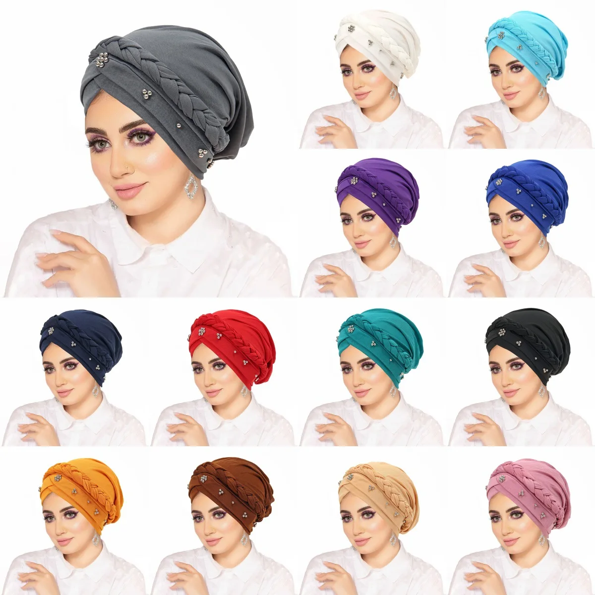 

Indian Braids Headscarf Muslim Women Solid Turban Bonnet Hijab Chemo Caps Beads Inner Hat Femme Musulman Arab Head Wrap Turbante
