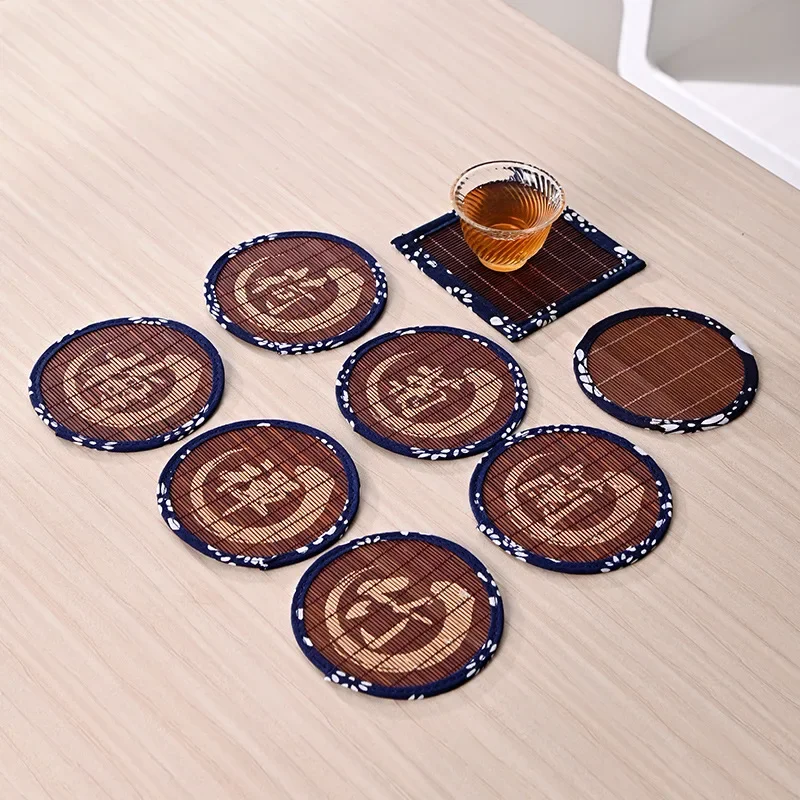 

Qing Hua Cloth Bamboo Mat Round Coasters Handmade Coaster Thickened Heat Insulation Mats Home and Decoration Kitchen Utensils