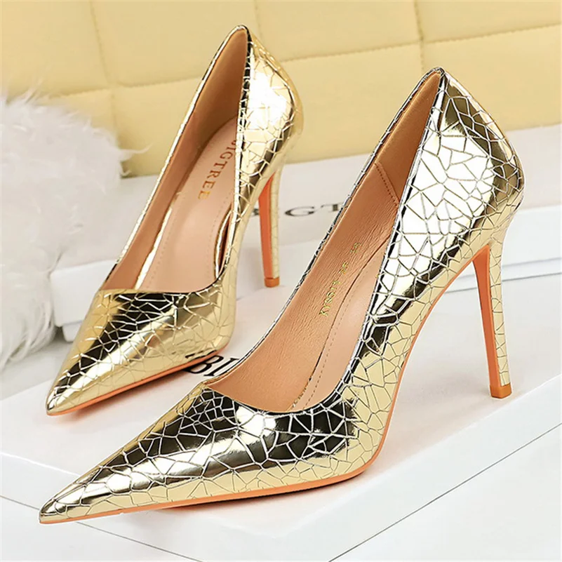 Décolleté con tacco alto da donna 10.5cm Lady Stiletto Metallic Silver grey Leather Scarpins Wedding Heels Nightclub Party Gold Bling Shoes