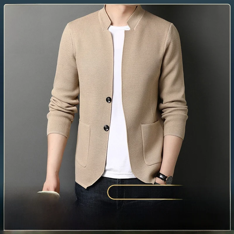 

Элитный вязаный кардиган-пальто для мужчин, однотонный шерстяной свитер с воротником-стойкой, длинный рукав, повседневный стиль, осенняя одежда для молодежи