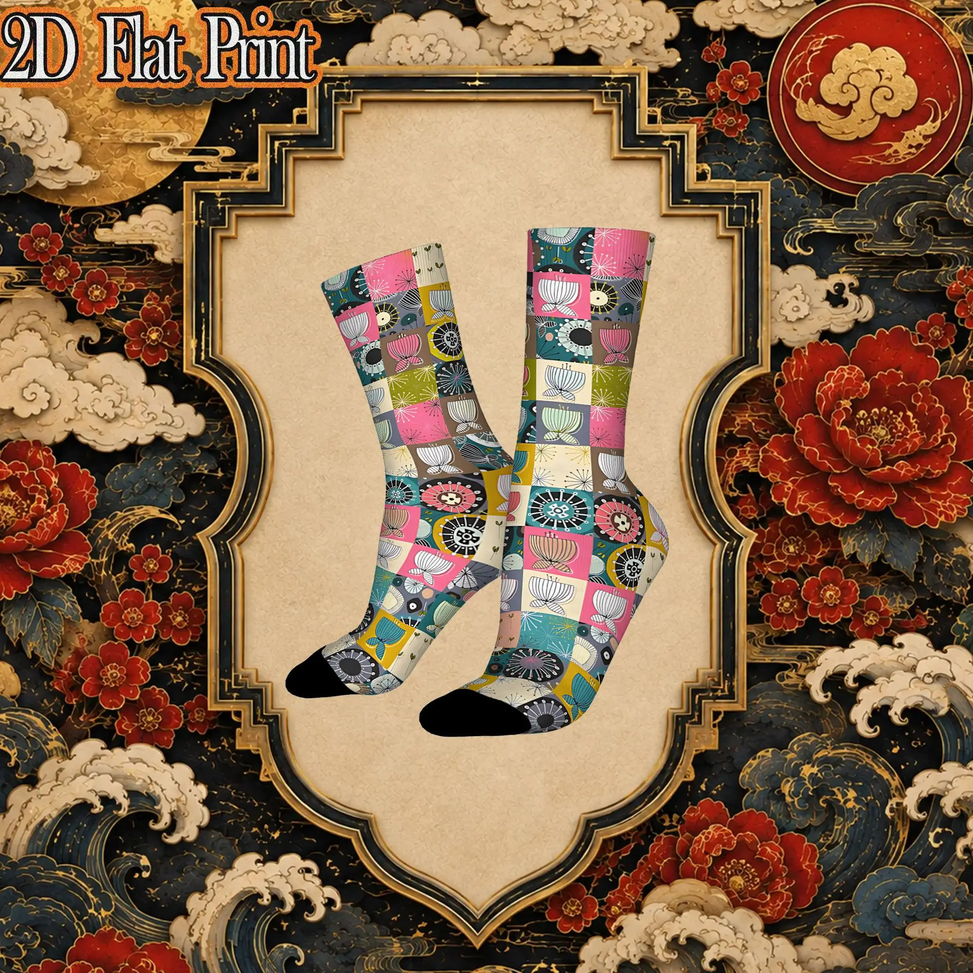 Blooms Patchwork Vintage  Hip Hop Novelty Seamless Crew Creative Sock Sports Socks