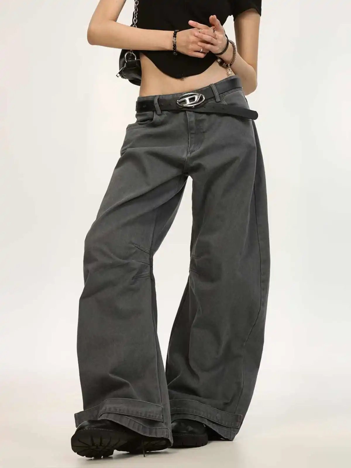 

Women Dark Grey Y2k Baggy Jeans Harajuku 90s Vintage Bent Knife Denim Trousers Japanese 2000s Style Jeans Pants Oversize Clothes
