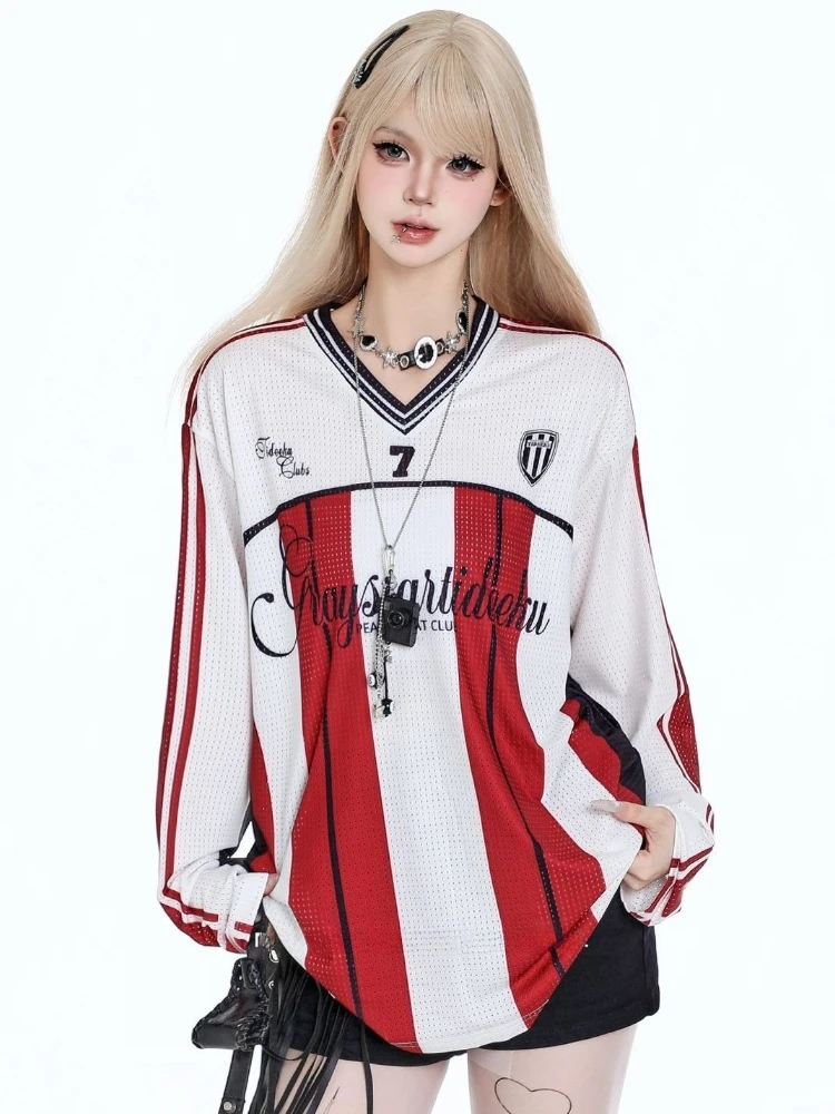 Y2K винтажный свитшот с принтом, женский американский стиль, негабаритный Kpop, уличная одежда в стиле хип-хоп, пуловеры с v-образным вырезом, корейские модные толстовки, топы