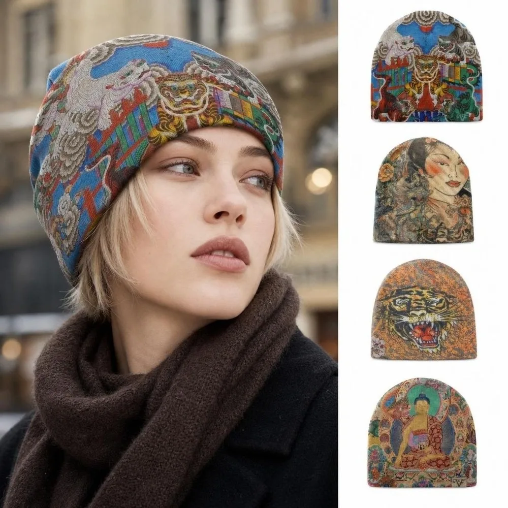 Breathable Printed Beanie Hat Warm Knit Elastic Brimless Skull Cap Kpop Harajuku Fashion Hip Hop Pull-on Beanie Cap