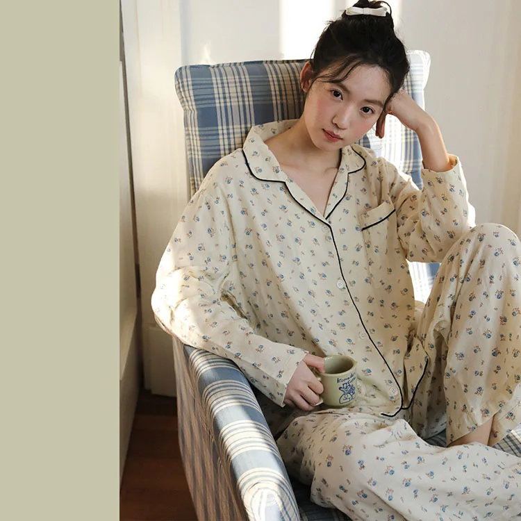 

Pinkgoddess Original French Sweet Princess Nightwear Floral Double-layer Cotton Home Suit Set Pajamas Top and Trousers