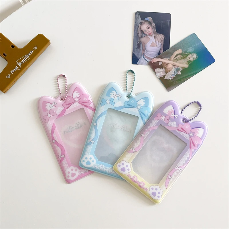 Cartoon Cat Ears 3-inch Photocard Holder Kawaii Idol Photo Protective Case Id Card Cover Storage Pendant Keychain Card Holder