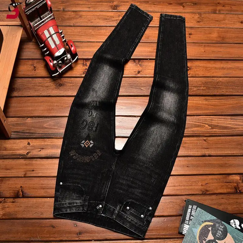 Street Fashion Jeans Black and Gray for Men Embroidered Stretch Slim Fit Skinny Street Fashion Skinny Long Pants Autumn